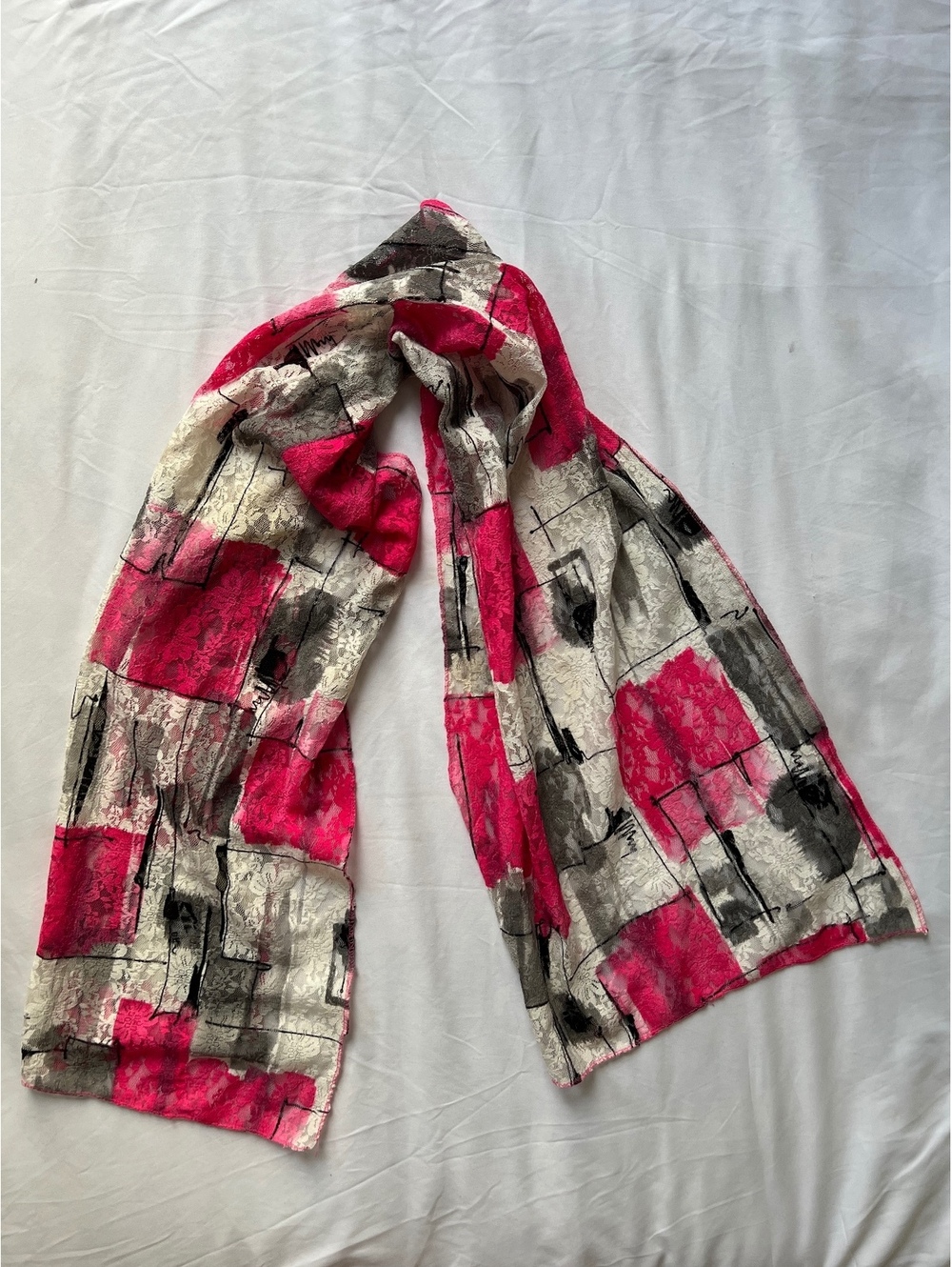 Y2K Pink & Gray Lace Patterned Scarf